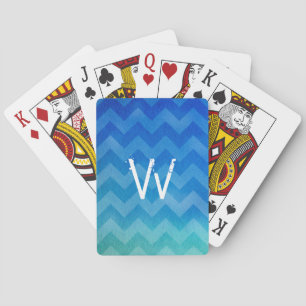 Monogramm Blaues Wasserfarb-Ombre-Zickzack Spielkarten