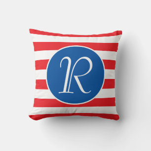 Monogramm Blue Circle Roter und weißer Streifen Kissen