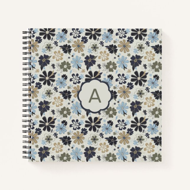 Monogramm Blume Blaues Tan-Olivenblumenmuster Notizbuch (Vorderseite)