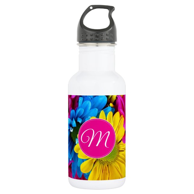 Monogramm-Blume in fluoreszierenden Farben Edelstahlflasche (Vorderseite)