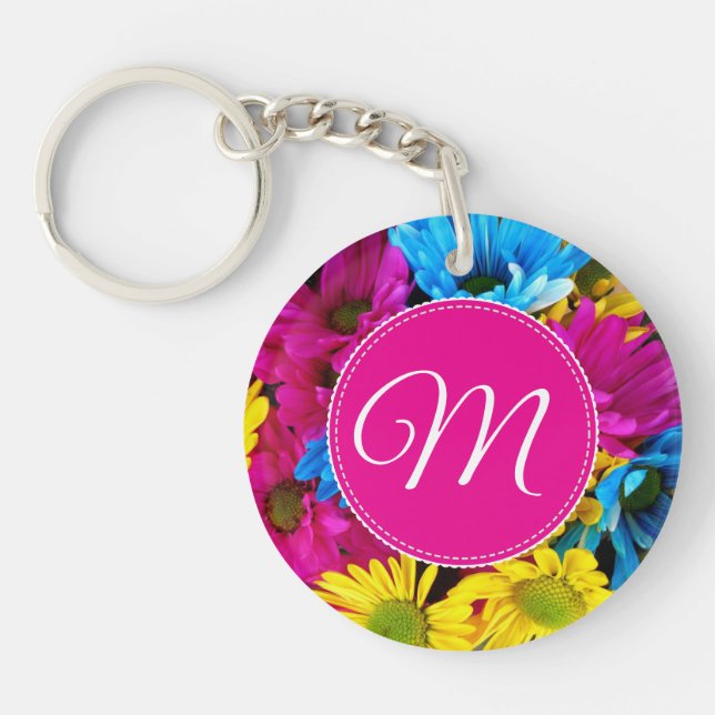 Monogramm-Blume in fluoreszierenden Farben Schlüsselanhänger (Vorderseite)