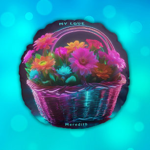 Monogramm Blume mit hellen Farben in einem Korb   Rundes Kissen