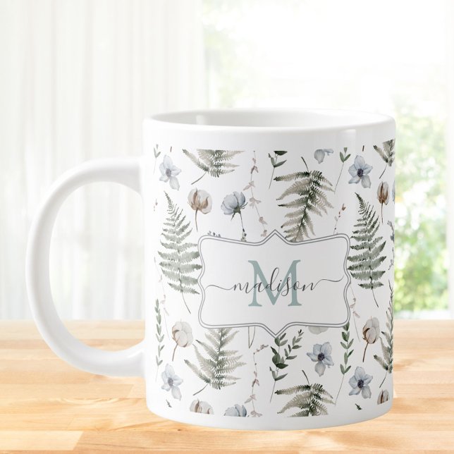 Monogramm Blume und Fern Blätter florale botanisch Jumbo-Tasse (In situ)