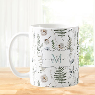 Monogramm Blume und Fern Blätter florale botanisch Kaffeetasse