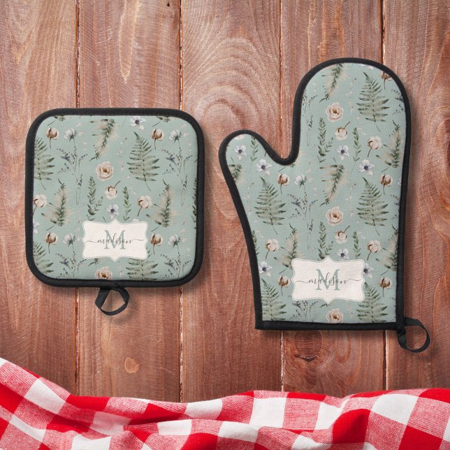 Monogramm Blume und Fern Blätter florale botanisch Ofenhandschuh & Topflappen-Set (In situ)
