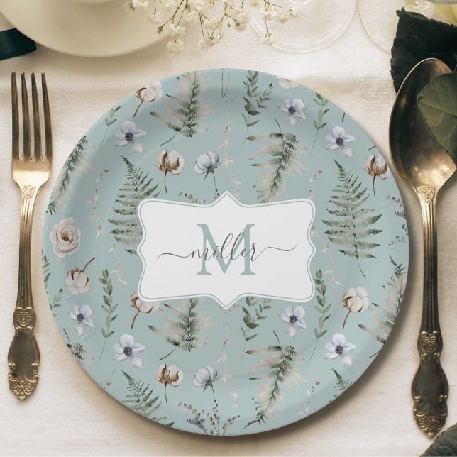 Monogramm Blume und Fern Blätter florale botanisch Pappteller (In situ)