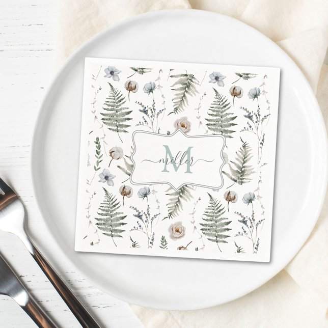 Monogramm Blume und Fern Blätter florale botanisch Serviette (In situ)