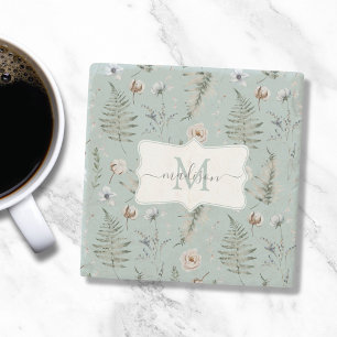 Monogramm Blume und Fern Blätter florale botanisch Steinuntersetzer