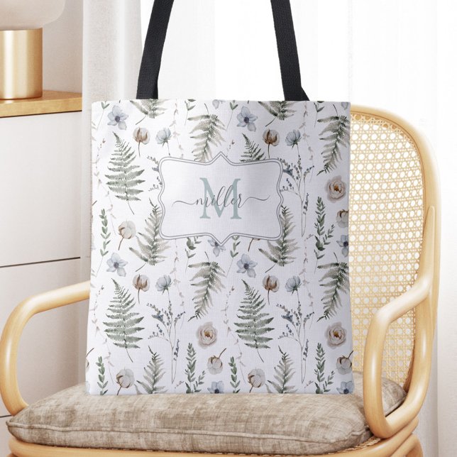 Monogramm Blume und Fern Blätter florale botanisch Tasche (In situ)