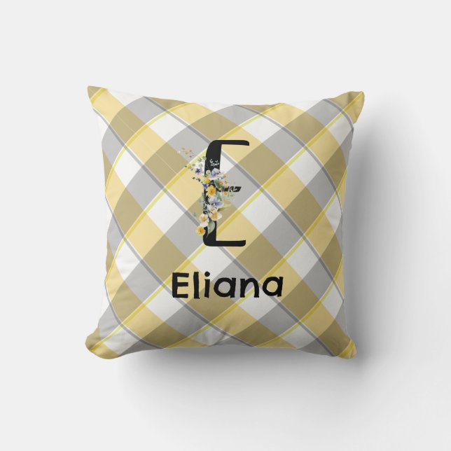 Monogramm-Blumen-Gingham blau grau  Kissen (Vorderseite)
