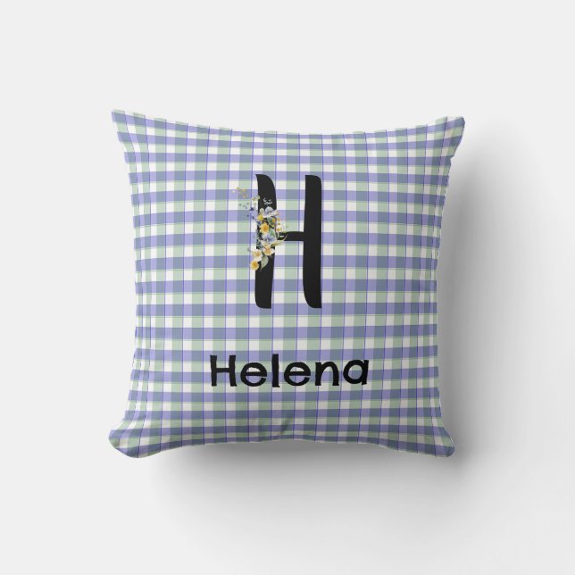 Monogramm-Blumen-Gingham-Blau-Grün-Muster Kissen (Vorderseite)