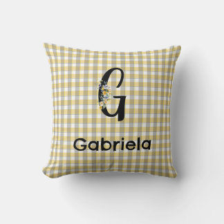 Monogramm-Blumen-Gingham-Gelb-Grau-Muster Kissen