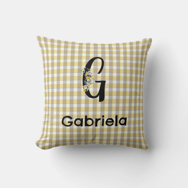 Monogramm-Blumen-Gingham-Gelb-Grau-Muster Kissen (Vorderseite)