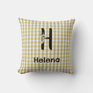 Monogramm-Blumen-Gingham-Gelb-Grau-Muster Kissen