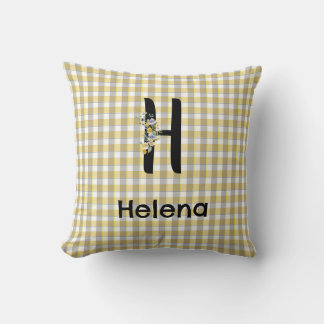 Monogramm-Blumen-Gingham-Gelb-Grau-Muster Kissen
