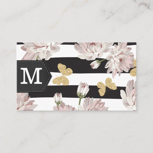 Monogramm | Blumen | Glitzer Butterflies | Streife Visitenkarte (Vorderseite)