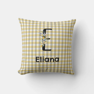 Monogramm-Blumen-Retro-Gingham Blau-Grau  Kissen
