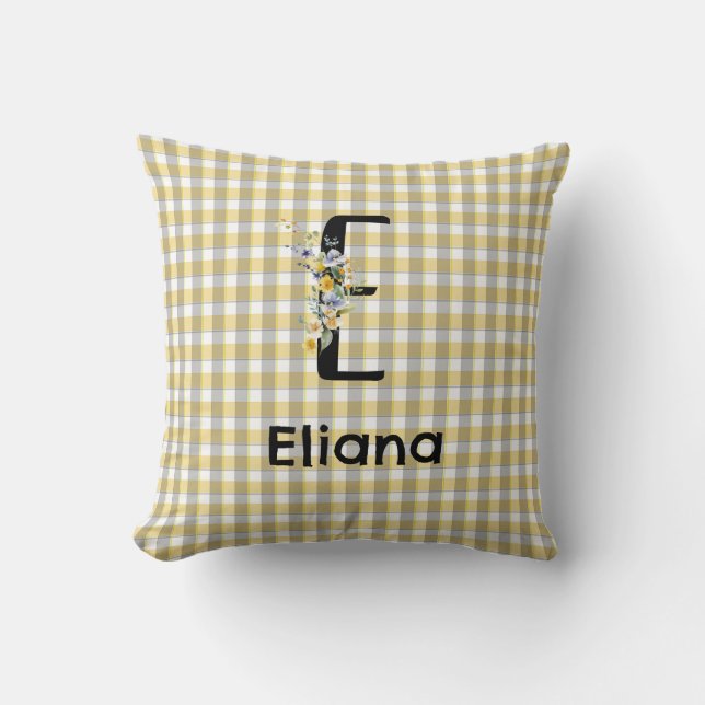 Monogramm-Blumen-Retro-Gingham Blau-Grau  Kissen (Vorderseite)