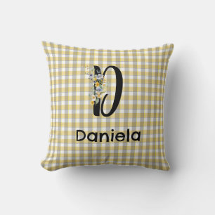 Monogramm-Blumen-Retro-Gingham Blau-Grau  Kissen