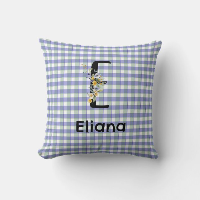 Monogramm-Blumen-Retro-Gingham Blau Grün  Kissen (Vorderseite)