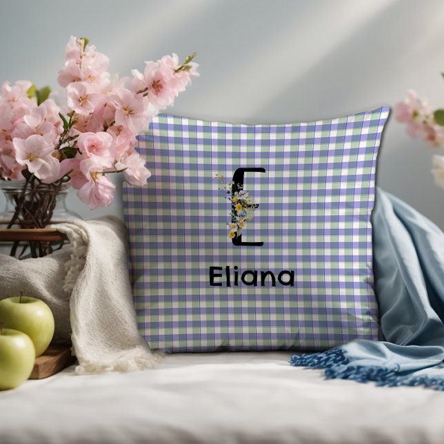 Monogramm-Blumen-Retro-Gingham Blau Grün  Kissen (Von Creator hochgeladen)