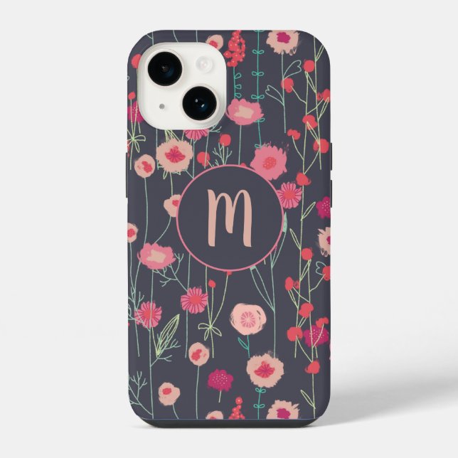 Monogramm Blumen Schwarz Rosa iPhone 14 Hülle (Rückseite)