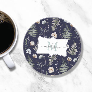 Monogramm Blumen und Farnblätter Floral Botanisch Getränkeuntersetzer