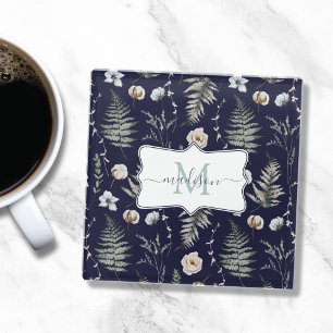 Monogramm Blumen und Farnblätter Floral Botanisch Glasuntersetzer