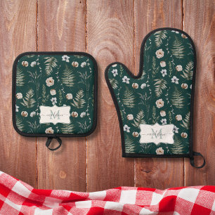 Monogramm-Blumen und Farnblätter Floral Botanisch Ofenhandschuh & Topflappen-Set
