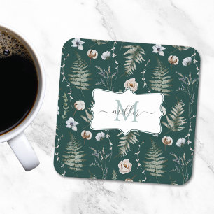 Monogramm Blumen und Farnblätter Florale Botanik Rechteckiger Pappuntersetzer