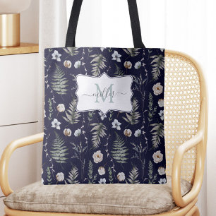 Monogramm-Blumen und Farnblätter Florale Botanik Tasche