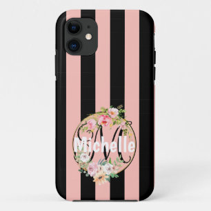 Monogramm-Blumen und schwarze rosa Streifen Muster Case-Mate iPhone Hülle