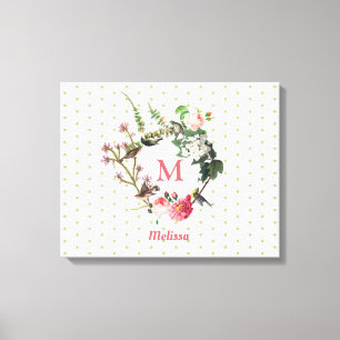 Monogramm-Blumen- und Vogelkranz mit Polka-Dots im Leinwanddruck
