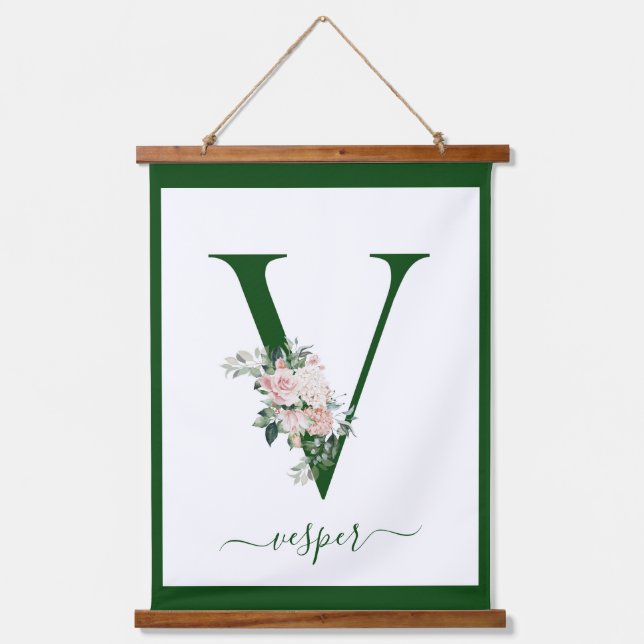 Monogramm Blumeninitiale V Wandteppich Mit Holzrahmen (Vorderseite)