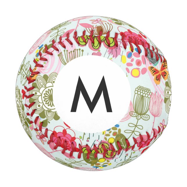Monogramm Blumenmuster im Retro-Stil 2 Baseball (Vorderseite Links)