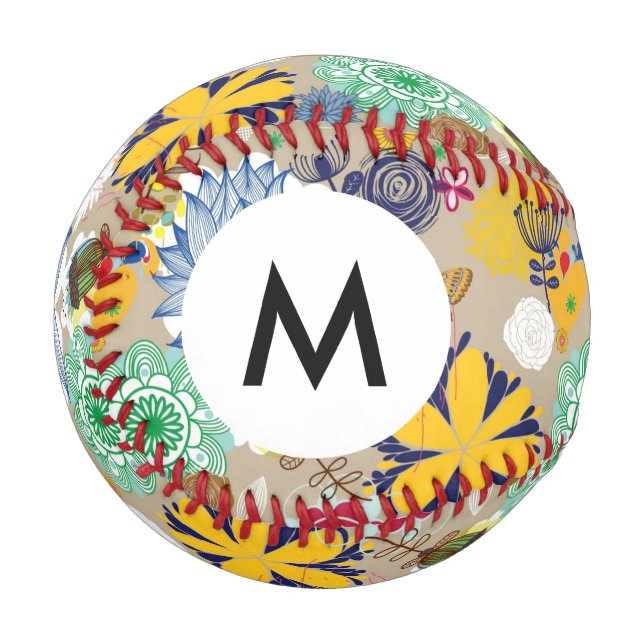Monogramm Blumenmuster im Retro-Stil 3 Baseball (Vorderseite Links)