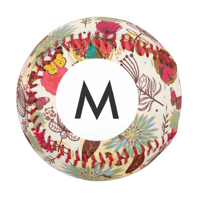 Monogramm Blumenmuster im Retro-Stil 4 Baseball (Vorderseite Links)