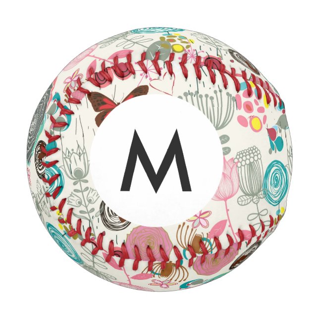 Monogramm Blumenmuster im Retro-Stil 5 Baseball (Vorderseite Links)