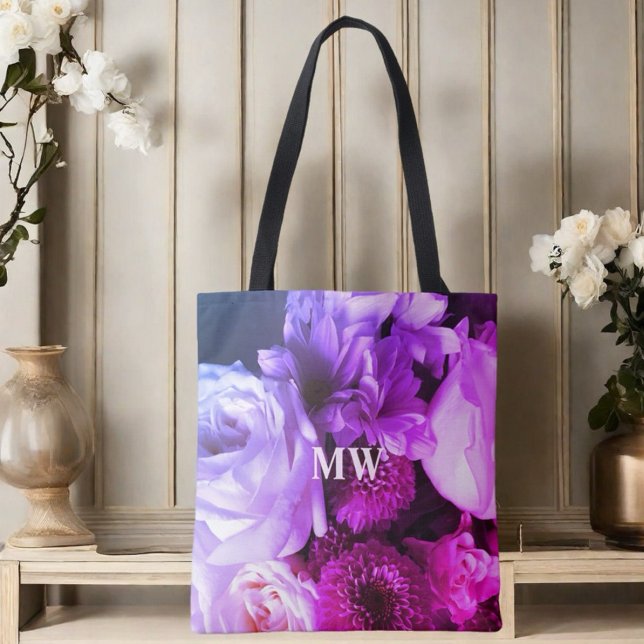 Monogramm Blumenrosa lila blaues Bouquet Foto Tasche (Von Creator hochgeladen)