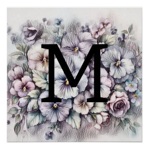 Monogramm blumenzeichnend rosa Stiefmütterchen Blu Poster