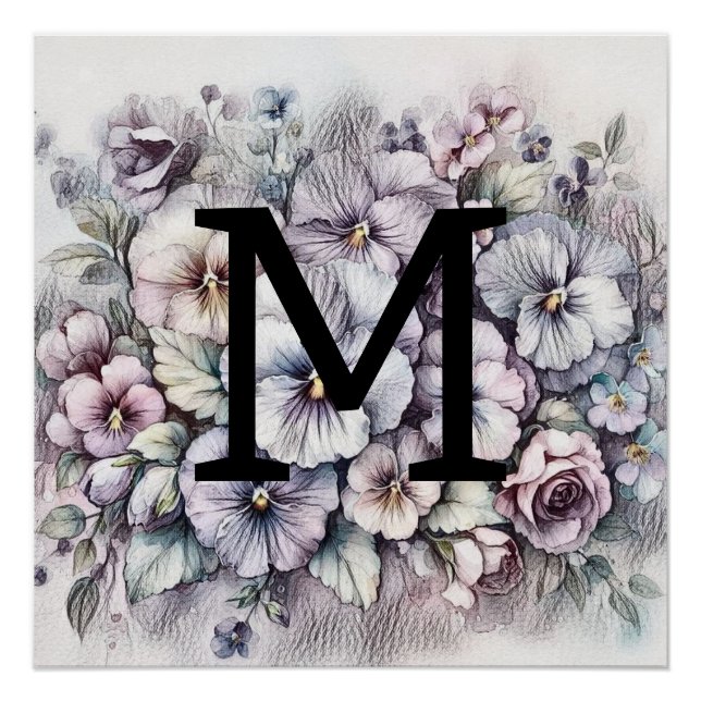 Monogramm blumenzeichnend rosa Stiefmütterchen Blu Poster (Vorderseite)