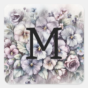 Monogramm blumenzeichnend rosa Stiefmütterchen Blu Quadratischer Aufkleber