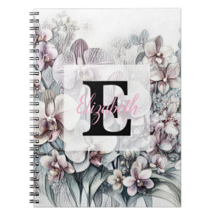 Monogramm-Blumenzeichnung rosa Orchideenblüten Notizblock