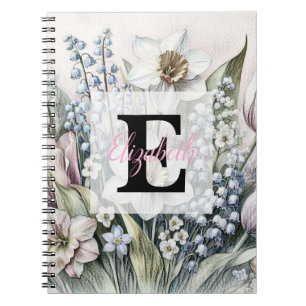 Monogramm-Blumenzeichnung rosa Tulpen Narzissen Notizblock