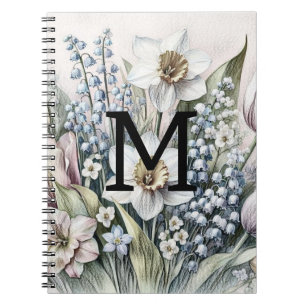 Monogramm-Blumenzeichnung rosa Tulpen Narzissen Notizblock