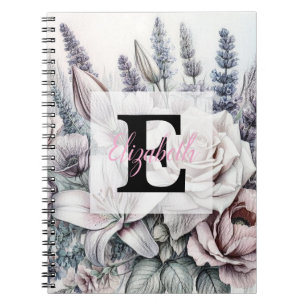 Monogramm-Blumenzeichnung Rosen Lavendel Lilien Notizblock
