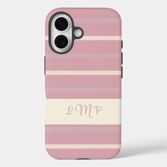 Monogramm Blush Pink und Cream Strip Muster iPhone 16 Hülle (Rückseite)