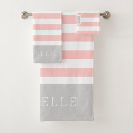 Monogramm Blush und graue Streifen | Editierbare F Badhandtuch Set