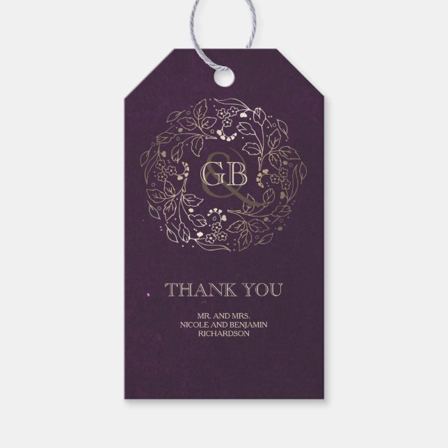 Monogramm-Blütentiefel-Hochzeit mit Gold und Plum  Geschenkanhänger (Vorderseite)