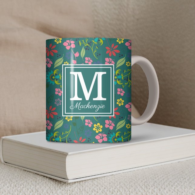 Monogramm Bohemische farbige Blume Kaffeetasse (Girly Bohemian Colorful Dark Teal Green Flowers Monogram Coffee Mug)